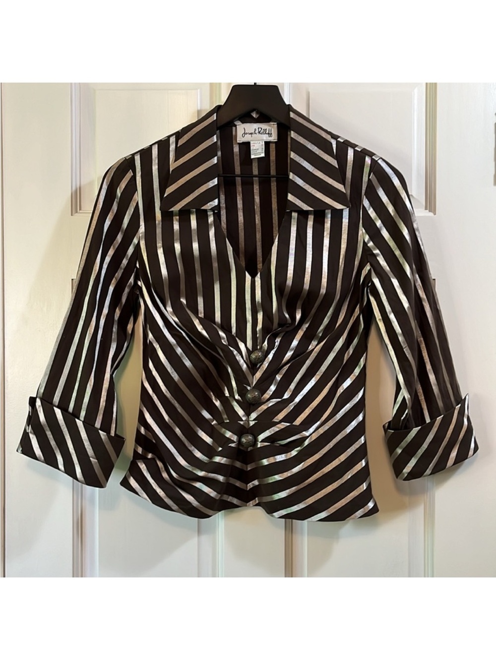 Joseph Ribkoff Brown and Silver Striped Button Front Blouse